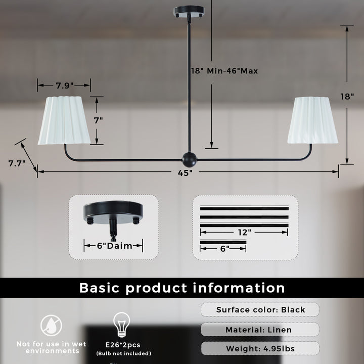 Kitchen Island Lighting with Pleated Linen Shade, 2 Lights Linear Chandelier with Adjustable Height (18-46"), Modern Ceiling Hanging Pendant Light for Dining Room, Living Room, Bedroom