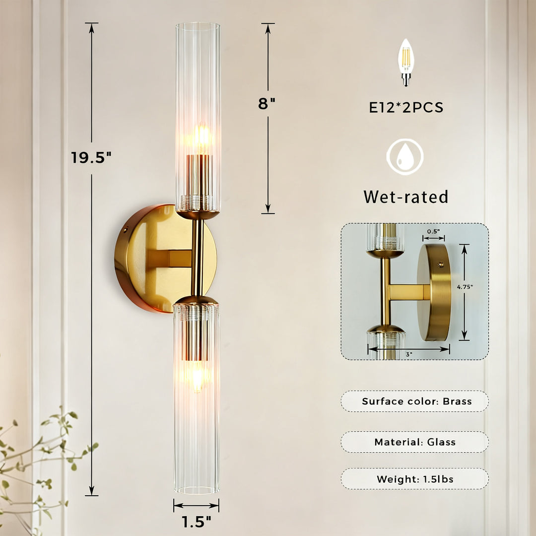 Antique Bronze Double Tube Sconce with Ribbed Glass Shades and Cylindrical Design for Durable Indoor Lighting