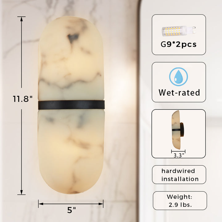 Alabaster Metal Damp Rated Hardwire Sconce - Alabaster and Metal Construction - Ideal for Wall Sconces, Bathroom Sconce, Kitchen Sconce, and Exterior Wall Lights