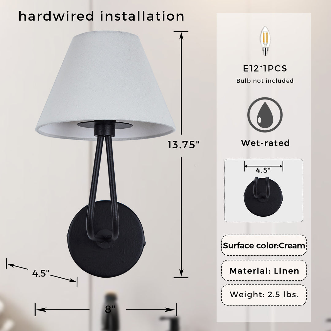 Classic Wall Lighting with Cream Linen Shade, Mid-century Modern Wall Mounted Lamp with Antique Hand-painted Metal Finish, Hardwired Light Fixture for Bedroom, Living Room, Corridor, Entryway