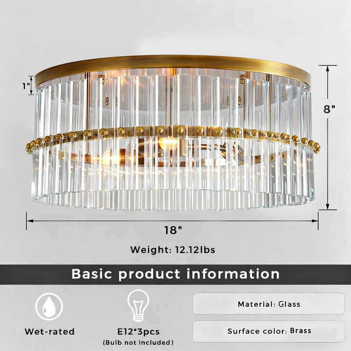 Luminous Steel Craft Flush Mount - Hand-Blown Cut Crystal Glass Shade with Optical Illumination and Tumbled Brass Finish for for Bedroom, Living Room, Dining Room