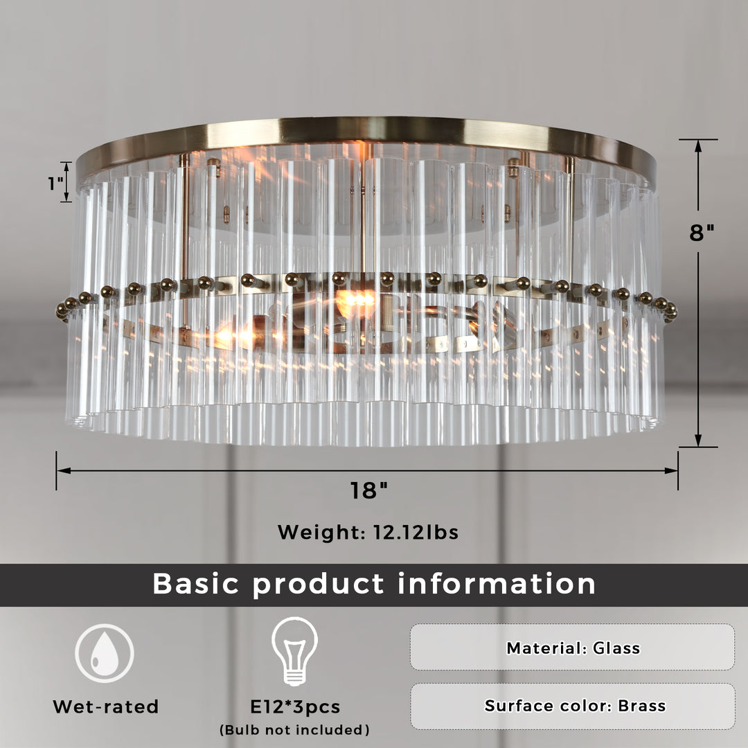 Luminous Steel Craft Flush Mount - Hand-Blown Cut Crystal Glass Shade with Optical Illumination and Tumbled Brass Finish for for Bedroom, Living Room, Dining Room