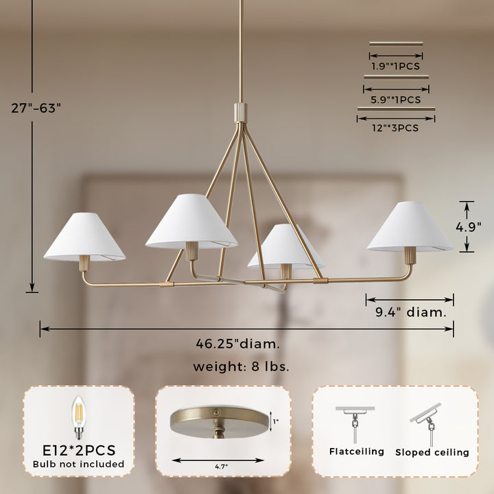 Architectural Tapered Shades Chandelier: Angular, Contract Grade Design with Sophisticated Tapered Shades for Dining Room, Living Room, and Bedroom Lighting