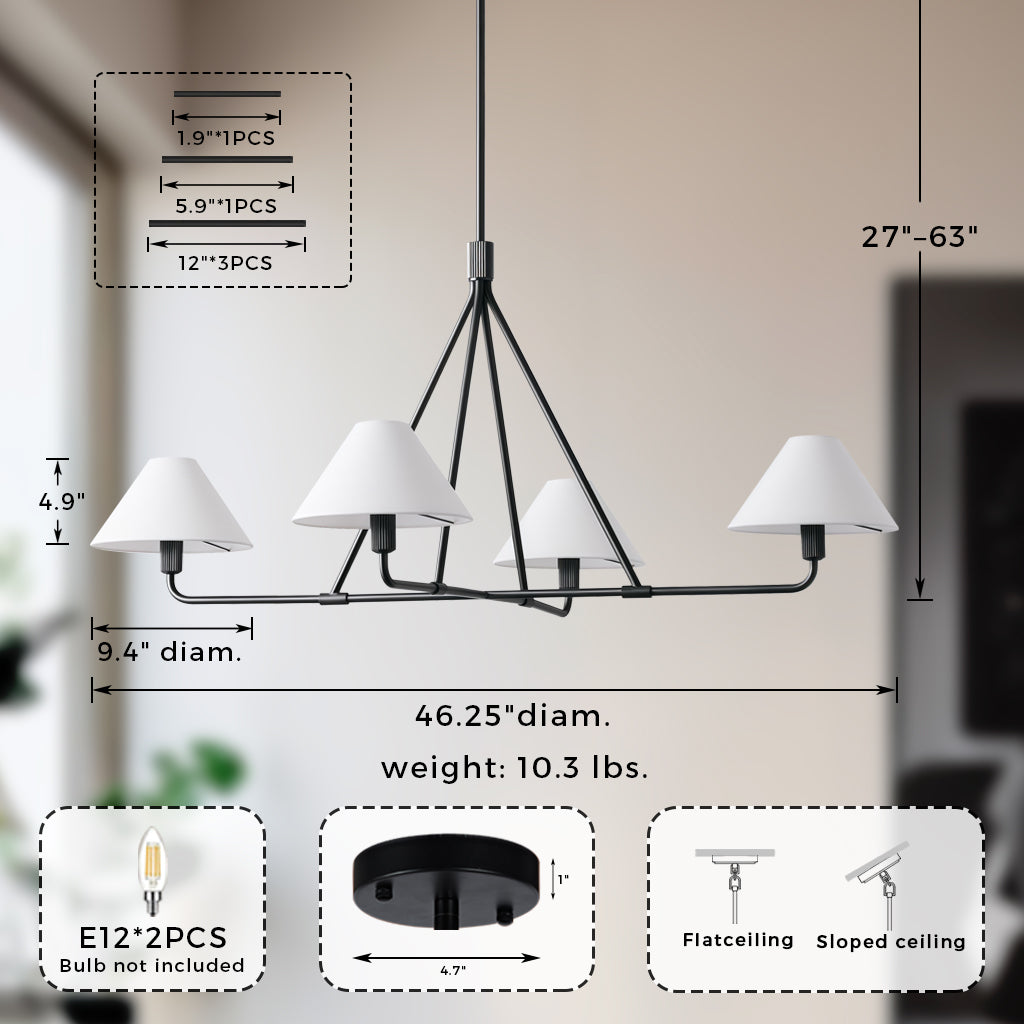 Architectural Tapered Shades Chandelier: Angular, Contract Grade Design with Sophisticated Tapered Shades for Dining Room, Living Room, and Bedroom Lighting