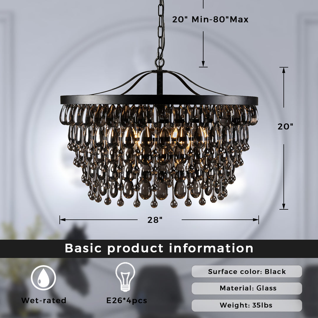 Vintage Glamour Black Iron Chandelier with Grey Glass Beads and Crystal Droplets - Circular Iron Frame with Black Finish and Vintage Glamour - Ideal for Ceiling Lamp for Bedroom and Dining Room Light Fixtures