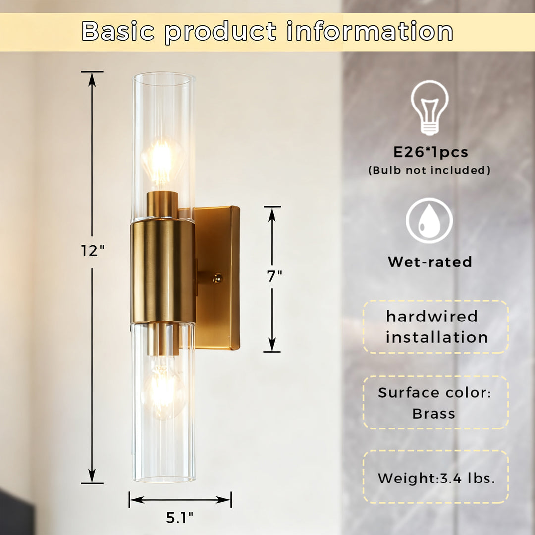 Rustic Geometric Design Double Tube Wall Sconce - Damp Rated Hand-Cut Glass Fixture for Bathroom, Bedroom Wall Sconces, and Wall Lamps