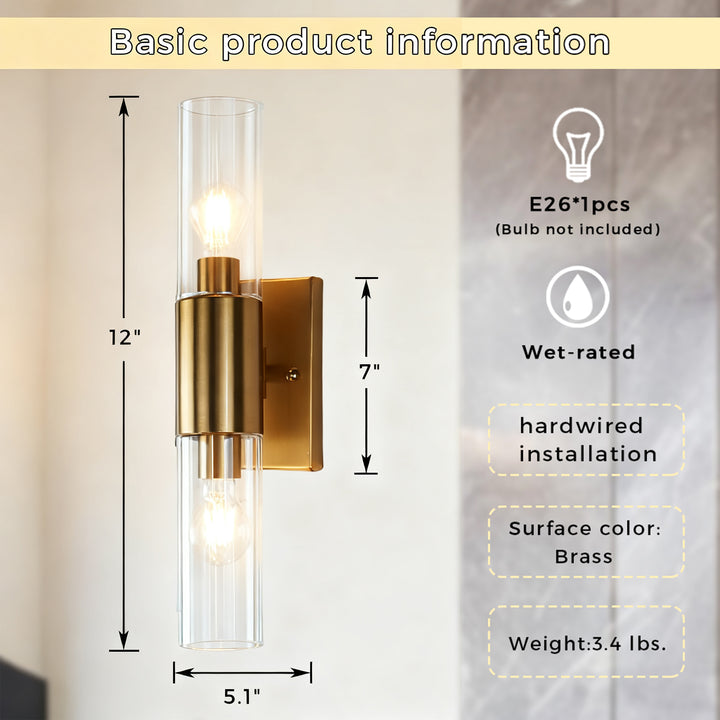 Rustic Geometric Design Double Tube Wall Sconce - Damp Rated Hand-Cut Glass Fixture for Bathroom, Bedroom Wall Sconces, and Wall Lamps