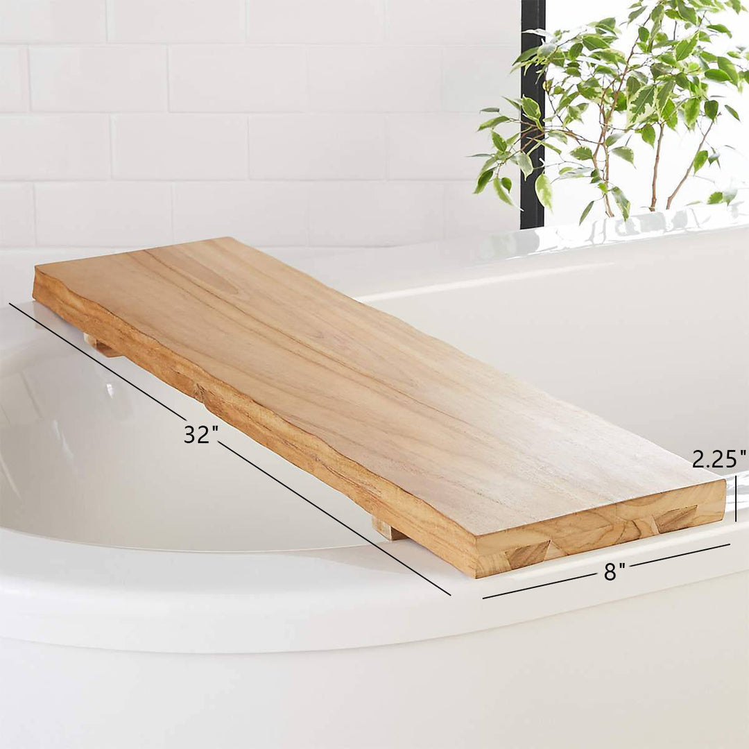 Rustic Teak Wood Bath Caddy Rack with Adjustable Track and Unique Live Edges for Elegant Bathroom Accessories