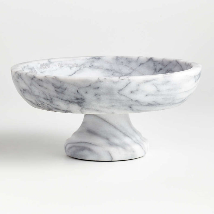 White Marble Fruit Bowl with Grey Veining and Pedestal Base - Elegant Addition for Kitchen and Dining Room Marble Supplies