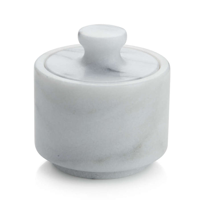 White Marble Salt Cellar with Lidded Design and Stainless Steel Shaker Plate