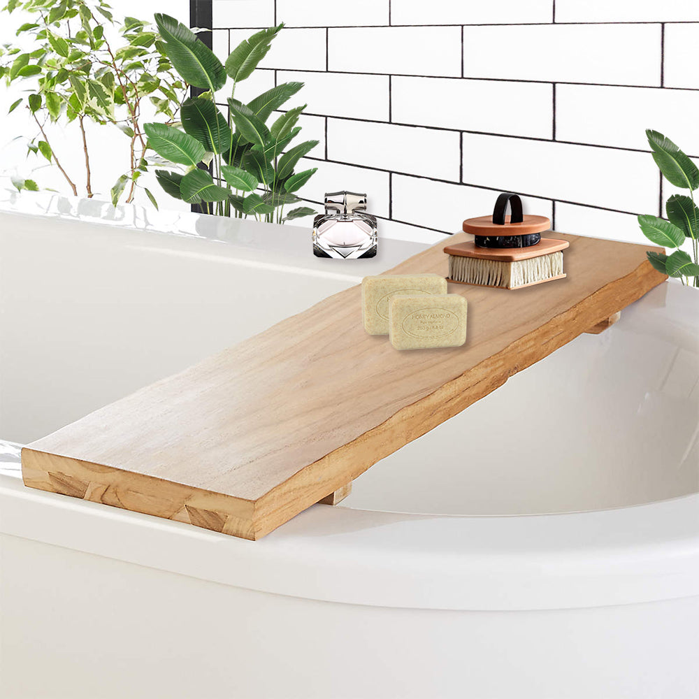 Rustic Teak Wood Bath Caddy Rack with Adjustable Track and Unique Live Edges for Elegant Bathroom Accessories