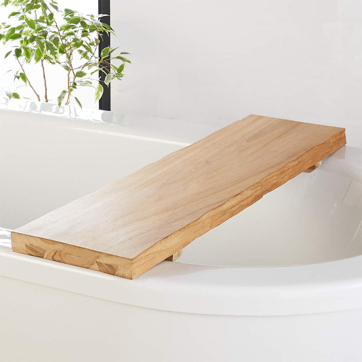 Rustic Teak Wood Bath Caddy Rack with Adjustable Track and Unique Live Edges for Elegant Bathroom Accessories