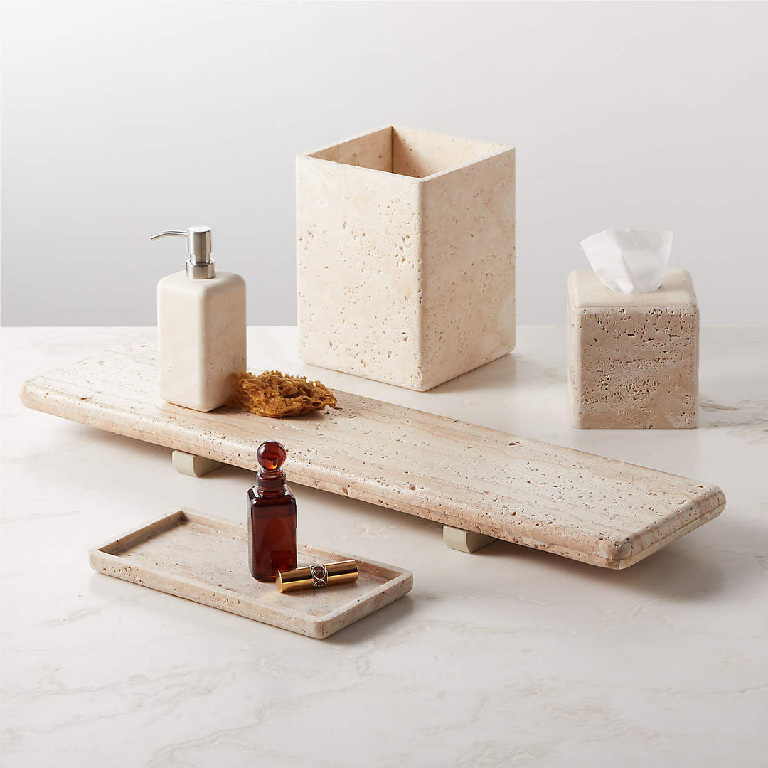 Nature's Touch Travertine Bath Accessories with Organic Edge and Unique Variations for Rustic Bathroom Decor