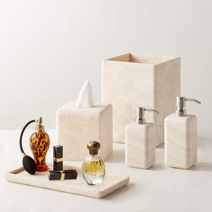 Nature's Touch Travertine Bath Accessories with Organic Edge and Unique Variations for Rustic Bathroom Decor