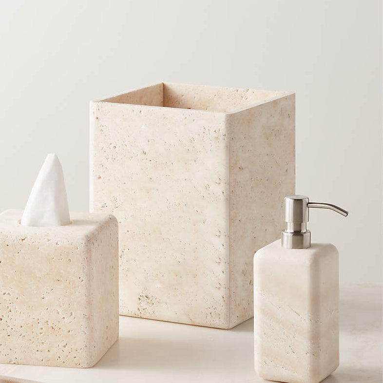 Nature's Touch Travertine Bath Accessories with Organic Edge and Unique Variations for Rustic Bathroom Decor