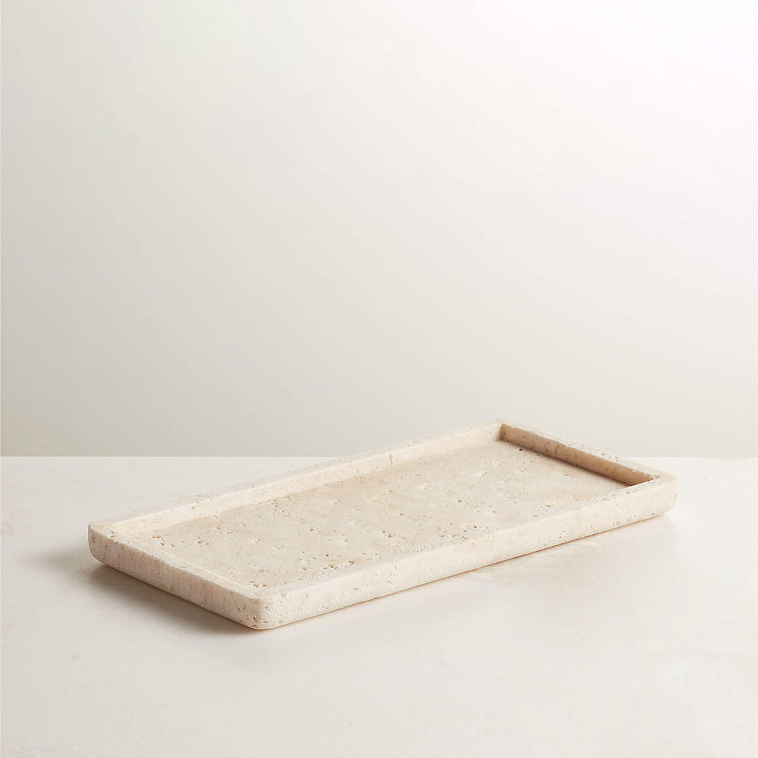 Nature's Touch Travertine Bath Accessories with Organic Edge and Unique Variations for Rustic Bathroom Decor