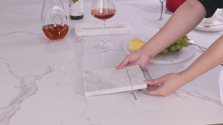 White Marble Cheese Board with Stainless Steel Slicer - Unique Grey Veining and Grooved Design for Dining Room and Kitchen Elegance