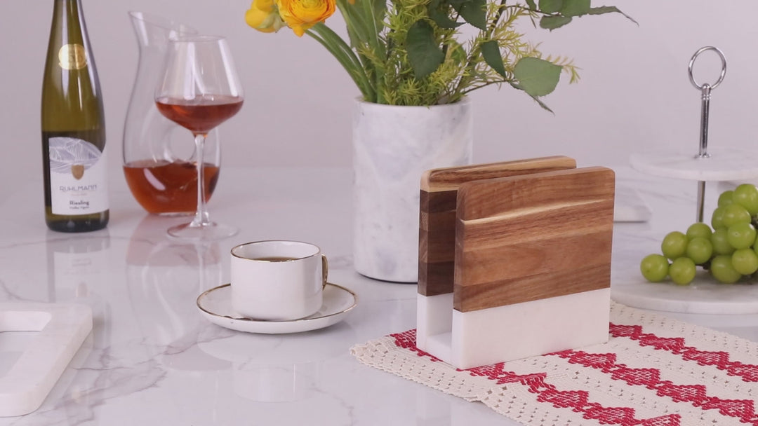 Modern Wood and Marble Napkin Holder - White Marble and Mango Wood Design for Stylish Kitchen and Dining Room Napkin Rings